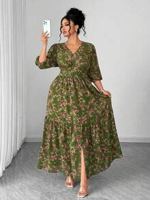 Vestido de manga corta con estampado floral, ligero, elegante y casual para uso diario y vacaciones, para mujer de talla grande, primavera/ve - amarillo ganso - Ver 6