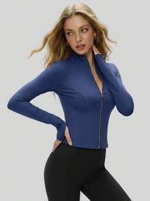 NcmRyu Women's 1pc Metal Zipper Small Stand Collar Thumb Hole Long Sleeve Slim Fit Sports Jacket - Navy Blue - View 9