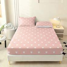 3pcs Sweet Style Pink Heart Pattern Printed Bed Sheet Set (1 Bed Sheet + 2 Pillowcases, Pillow Inserts Not Included), 90g Soft Polyester Fiber Breathable Mattress Protector, Quick-Dry, Fade-Resistant, High Elasticity, Non-Slip, Washable Bed Sheet Suitable For Apartment, Dorm, Home Bedroom Decor - Multicolor - View 17