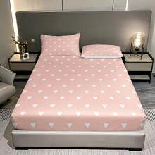 3pcs Sweet Style Pink Heart Pattern Printed Bed Sheet Set (1 Bed Sheet + 2 Pillowcases, Pillow Inserts Not Included), 90g Soft Polyester Fiber Breathable Mattress Protector, Quick-Dry, Fade-Resistant, High Elasticity, Non-Slip, Washable Bed Sheet Suitable For Apartment, Dorm, Home Bedroom Decor - Multicolor - View 15