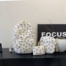 Set de 3 piezas de mochila con estampado de lazo de nylon, plegable, con múltiples bolsillos, gran capacidad, resistente al agua y con cremallera, adecuada para adolescentes - Negro - Ver 1