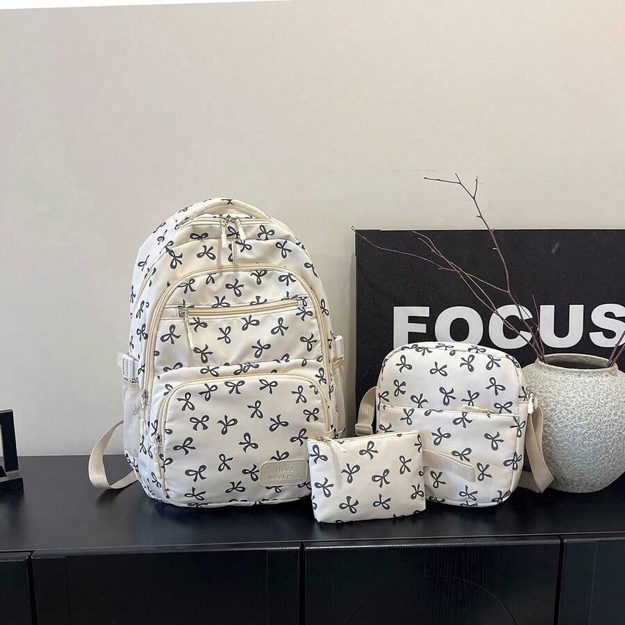 Set de 3 piezas de mochila con estampado de lazo de nylon, plegable, con múltiples bolsillos, gran capacidad, resistente al agua y con cremallera, adecuada para adolescentes - Negro - Ver 1