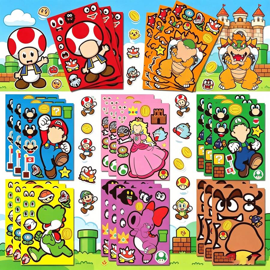 SUPER MARIO BROS. 16pcs Cartoon Game Puzzle Face Change Stickers, Children DIY Cute Handbag Creative Stickers - Multicolor - View 1