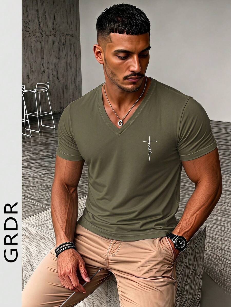 GRDR 男士 V 领短袖衬衫，适合夏季户外休闲穿着
