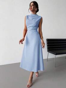 Vestido mini plisado de línea A elegante, minimalista, delicado, romántico y dulce para uso diario, boda, fiesta, festival de música y vacaci - Verde Oscuro - Ver 5