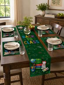1 pieza - Juego de camino de mesa y manteles individuales de vuelta a la escuela, decoración de mesa de lino verde con mochila, libros, globo terráqueo, despertador y estilo de pizarra para fiesta de aula y comedor del hogar - Multicolor - Ver 3