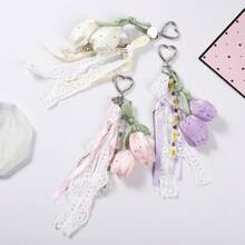 1pc Sweet Tulip Zinc Alloy Keychain With Lace Ribbon Floral Bag Charm, Suitable For Daily Bags - Multicolor - View 3