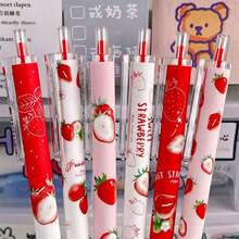 6支/組 INS風超吸睛草莓可伸縮凝膠筆，可愛甜心草莓限量版圓珠筆，0.5mm黑色子彈頭順滑書寫筆，開學季便攜易寫學生考試辦公用筆，少女風超吸睛學生文具禮物，適合女孩與青少年 - A - 查看 3