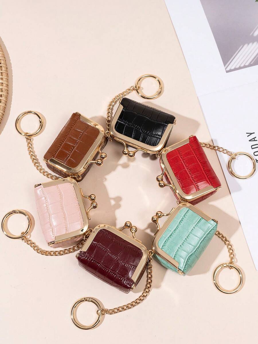 FOREVER MIYIN Minimalist Crocodile Pattern Microfiber Mini Jewelry Box With Kiss Lock And Keychain Coin Purse, Travel Jewelry/Necklace/Ring/AirTag Storage Box, Cosmetic Organizer Bag