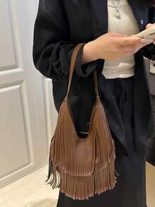 1個純色麂皮流蘇肩背包，復古時尚大容量通勤包，高品質質感時尚肩背包 - 咖啡 - 查看 3