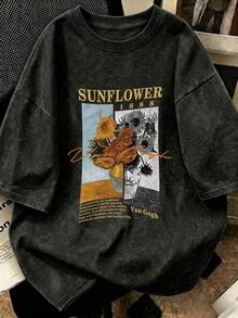 1 Piece Of Women's Short-Sleeved T-Shirt, Casual Style, Loose Fit, Round Neck, Washed Fabric With Tie-Dye Effect, For Office, Campus, Daily Wear, Dates, Meetings, Black Color. - 黑色 2 - 查看 1