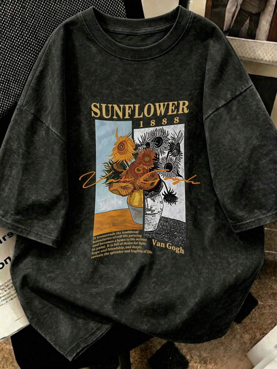 1 Piece Of Women's Short-Sleeved T-Shirt, Casual Style, Loose Fit, Round Neck, Washed Fabric With Tie-Dye Effect, For Office, Campus, Daily Wear, Dates, Meetings, Black Color. - 黑色 2 - 查看 1