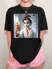 Oversized  Belle Selfie Face Mask Bathrobe Cartoon Bathroom T-Shirt - 黑色 - 查看 1
