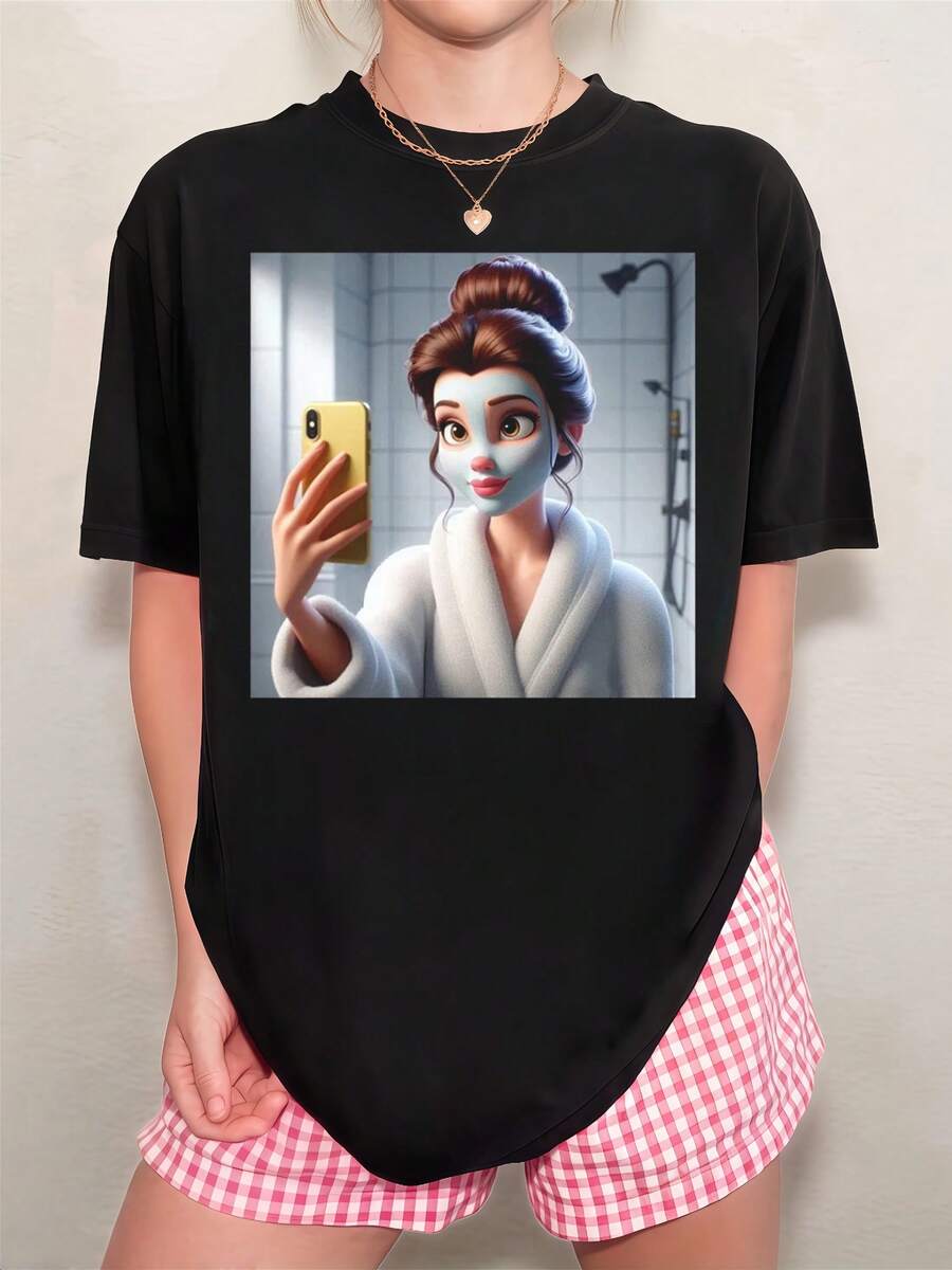 Oversized Belle Selfie Face Mask Bathrobe Cartoon Bathroom T-Shirt - 黑色 - 查看 1