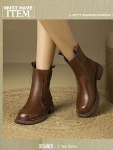 Women's Ankle Boots Autumn/Winter New British Style Low Heel Leather Chelsea Boots Vintage Back Zipper - Brown - View 1