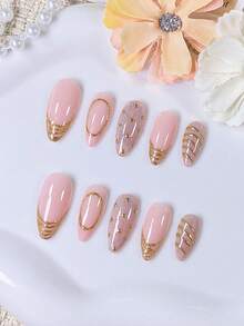 10pcs Handmade Almond Shaped Nail Stickers, Multi-Layer Paris Style Design, Gold Border, Pink Base Color, Silver Cat Eye, Metallic Polka Dot Circles, Elegant And Luxurious, Suitable For Women And Girls Daily Wear And Party - Multicolor - View 12