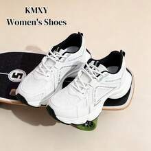 KMXY Women's Spring/Autumn New Thick Sole Chunky Sneakers, Breathable Mesh Low-Cut Wedge Casual Shoes, Lightweight Versatile Fashion Lace-Up Shoes, White/Grey/White Colorway, Running Shoes, All-Season Wearable Sports Shoes - Black - View 3