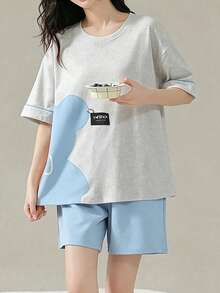 Cute Bear And Color Block Print Pajama Set, Casual Short Sleeve Crew Neck T-Shirt And Pocket Shorts, Women's Sleepwear Loungewear 2-Piece Set - Multicolor - View 5