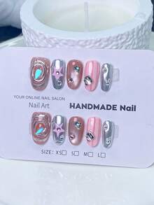 10Pcs Handmade Short Square Press On Nails, Nude Pink & Silver Mirror Contrast Striped Nail With 3D Pink Star, Iridescent Oval Gem & Silver Metal Stud Decor Reusable Fake Nails With Nail Kit For Y2K Punk Street Style - Multicolor - View 2