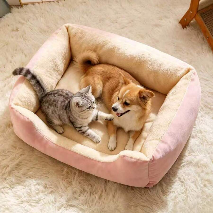 Winter-Use, Warm, Square Pet Bed For Small Dogs And Cats, Soft Fleece, Extremely Comfortable, Washable Pet Cushion. - Pink S-50*40CM - View 1