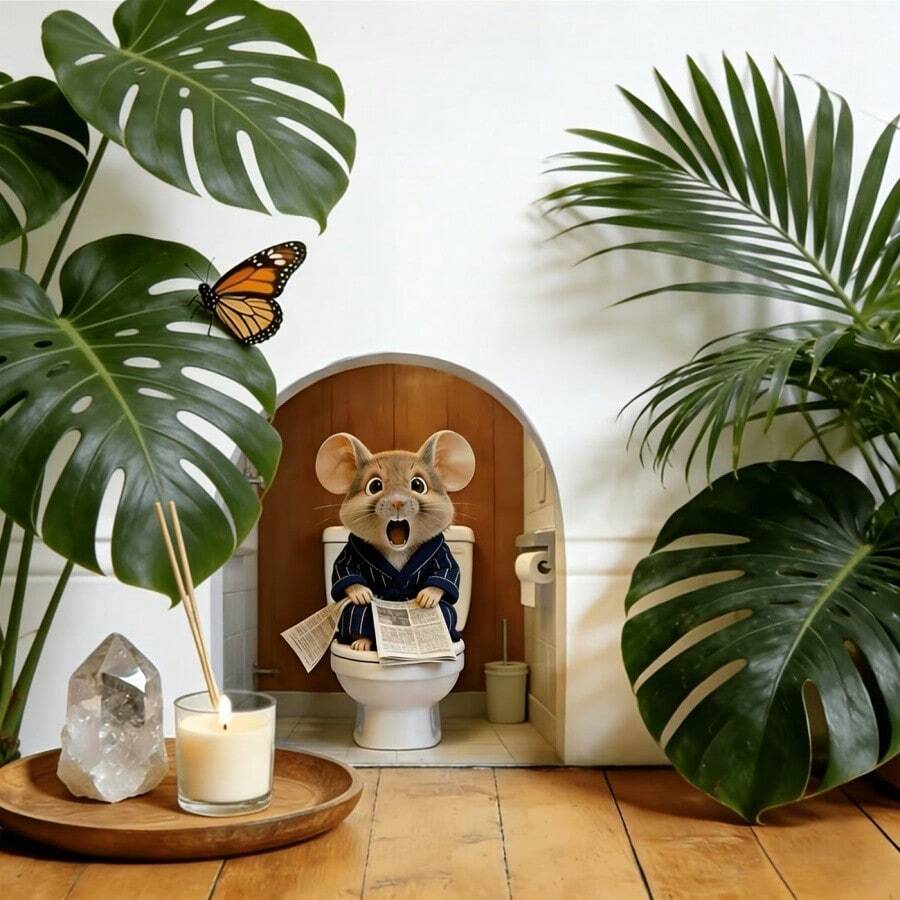 1pc Cute Little Mouse Going To The Toilet Mouse Hole Wall Sticker, Animal Sticker, Fun PVC Home Art Decoration Sticker, Waterproof And Tear-Off Wallpaper Sticker, Suitable For Living Room, Bedroom, Bathroom And Entrance Decoration Sticker - Style a - View 1