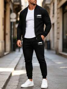 Spring/Autumn Men's Sports Casual Set Baseball Collar Jacket + Jogger Pants Combination Suitable For Party, Gathering, Travel, Running, Fitness, Sports And Other Occasions - Black - View 1