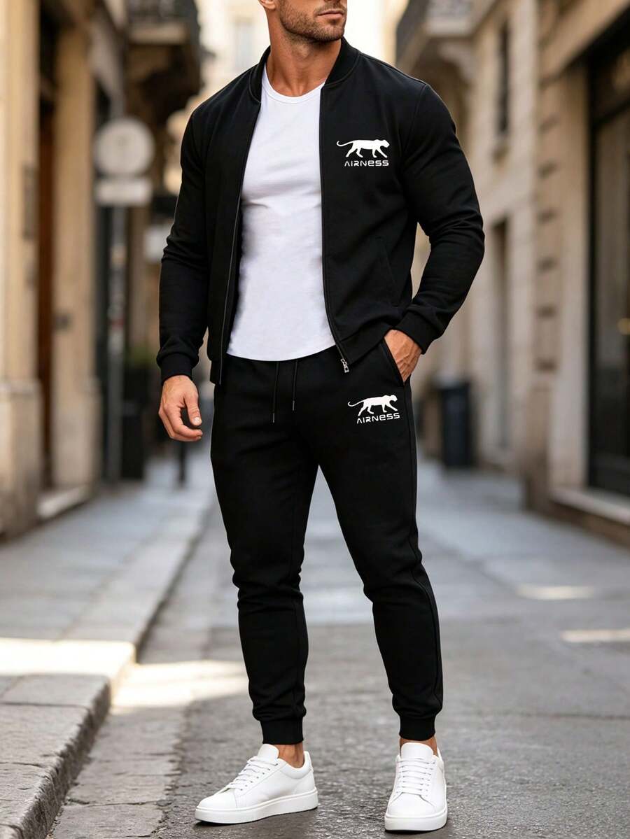 Spring/Autumn Men's Sports Casual Set Baseball Collar Jacket + Jogger Pants Combination Suitable For Party, Gathering, Travel, Running, Fitness, Sports And Other Occasions - Black - View 1