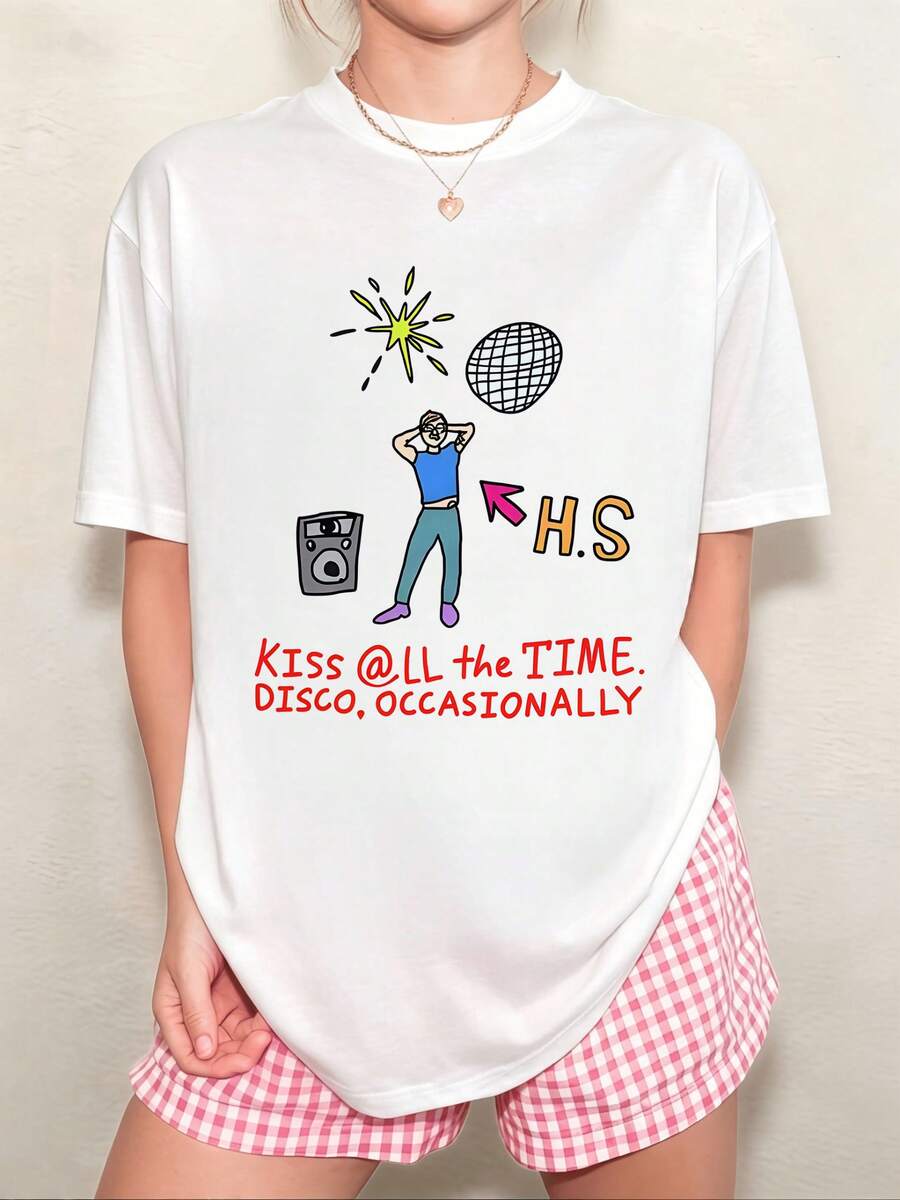 H-HarryY S-StylesS Simple Disco Print T-Shirt, Short Sleeves, Round Neck, Unisex, Minimalist Graphic Style - White - View 1