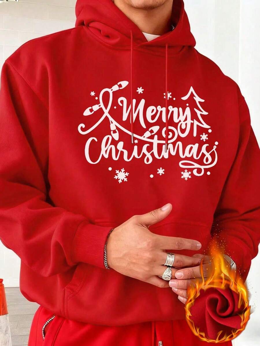 Sudadera con capucha, cordón y bolsillo con estampado gráfico navideño para hombre - Albaricoque - Ver 1
