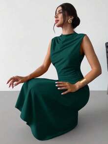 Vestido mini plisado de línea A elegante, minimalista, delicado, romántico y dulce para uso diario, boda, fiesta, festival de música y vacaci - Verde Oscuro - Ver 1