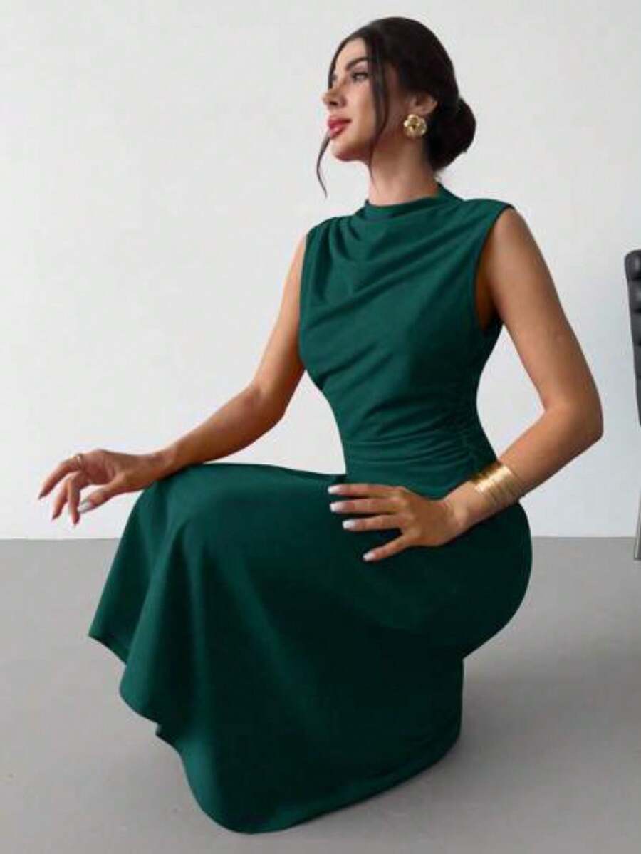 Vestido mini plisado de línea A elegante, minimalista, delicado, romántico y dulce para uso diario, boda, fiesta, festival de música y vacaci - Verde Oscuro - Ver 1