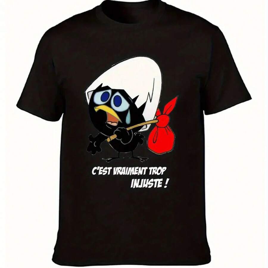 Round Neck Cartoon Print T-Shirt, Men's T-Shirt, Calimero, Women's T-Shirt Version, Soft, Comfortable, Suitable For Leisure Sports - 黑色 - 查看 1