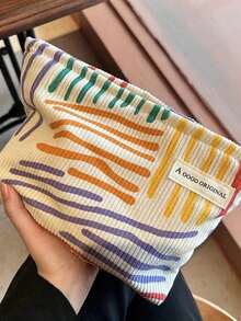 Bolsa de cosméticos a rayas de colores (sin colgante de pollo), para vacaciones en la playa, colección de baño, colección de dormitorio, gran capacidad, bolsa de maquillaje - Beis - Ver 2
