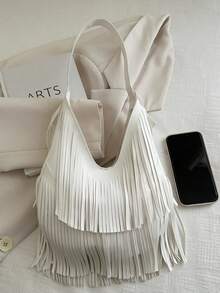 1pc Solid Color Suede Fringe Shoulder Bag, Vintage Fashion Large Capacity Commuter Bag, High-Quality Textured Stylish Shoulder Bag - White - View 6