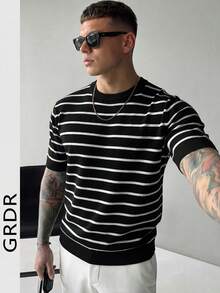 GRDR Men's Minimalist Striped Basic Crew Neck Knit Short Sleeve Sweater - Black - View 1