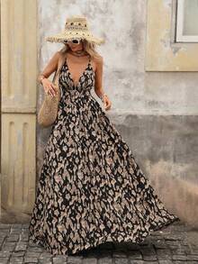 Vestido de mujer con cuello en V profundo, tirantes extra largos y estampado completo, ideal para vacaciones - Marrón - Ver 2