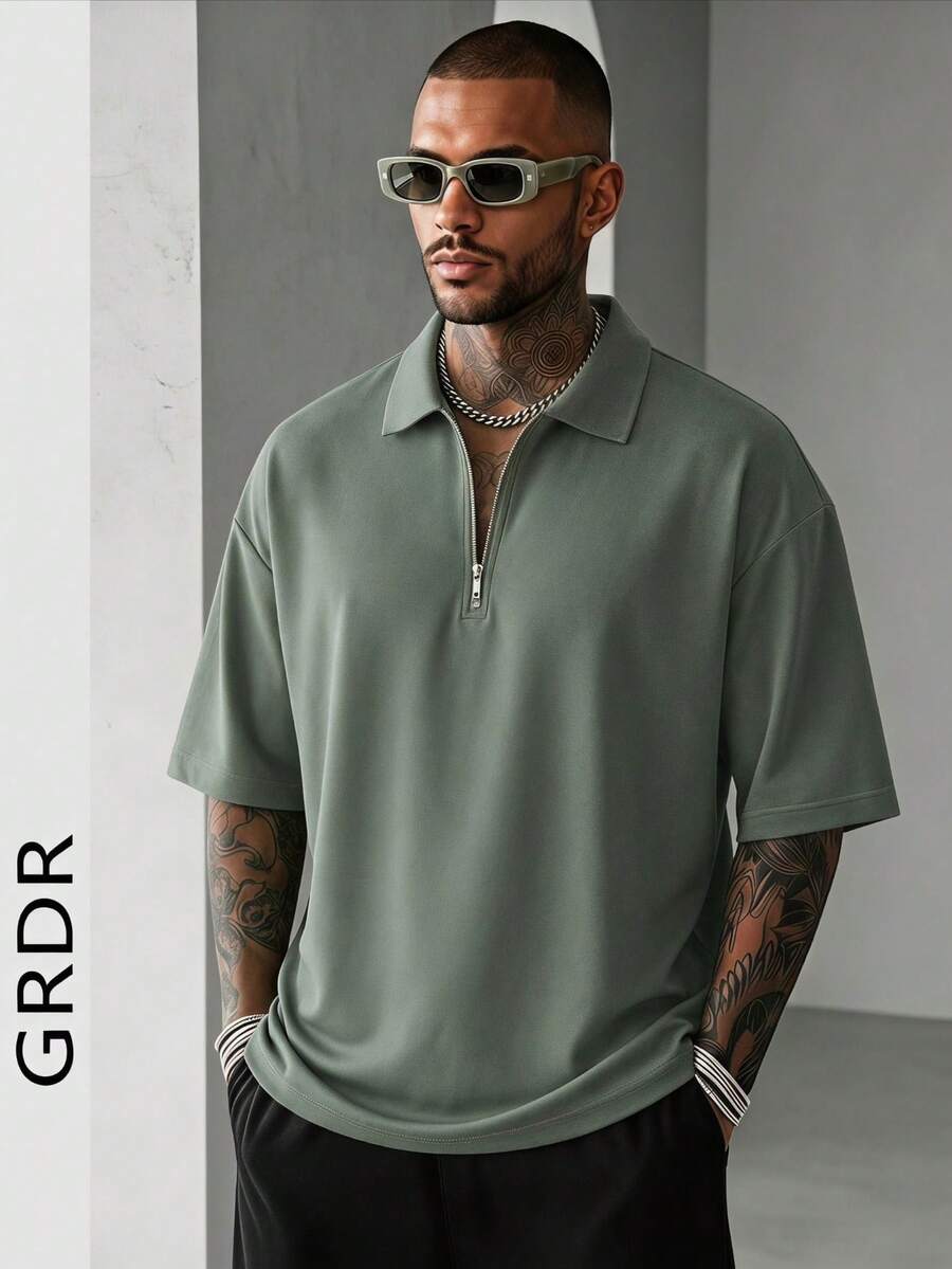 GRDR Men's Summer Half-Zip Polo Shirt, Solid Color Classic Short Sleeve Suitable For Outdoor Casual Wear