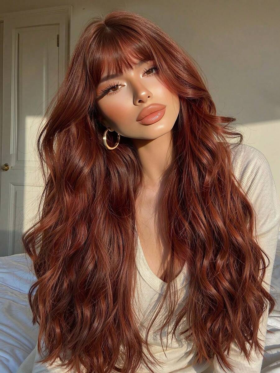 Peluca Larga Ondulada Multicapa De 26 Pulgadas En Color MarróN-Rojo Con Flequillo Aireado - Cabello SintéTico Resistente Al Calor, Gorra De Red De Rosa Transpirable, Textura Sedosa Natural, Adecuada Para Mujeres A La Moda, Fiestas, Vacaciones, Viajes, Regalos De Navidad Y Halloween Para NiñAs - Marrón - Ver 1