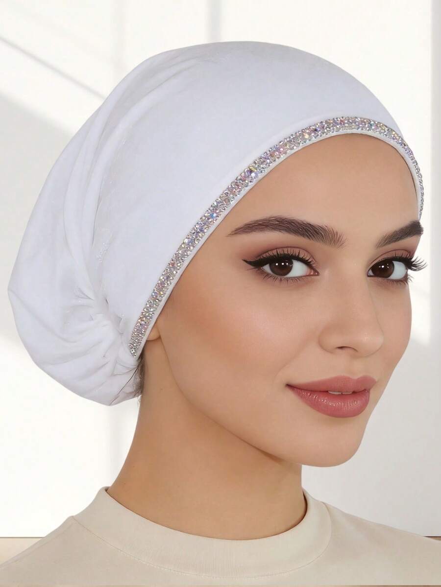 1 Peça Lenço Hijab Feminino de Veludo Dourado com Corrente, Strass Requintado e Faixa Elástica - Veludo Dourado Triplo Fileira Diamante Multicolorido - Visão 1