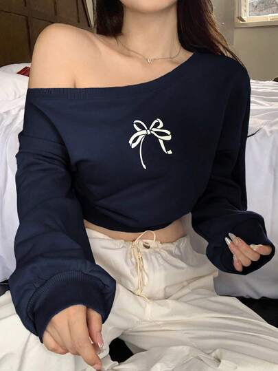 Sudadera casual de manga larga con estampado de mariposa asimétrico en los hombros para mujer, tops de manga larga, ropa de mujer para otoño