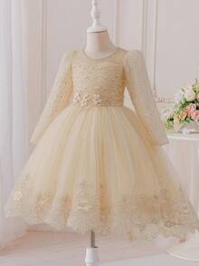 Young Girls Shiny Princess Tulle Dress, Decorated With Lace And Beaded Details, Elegant Long Sleeve Mesh Overlay Party Dress, Suitable For Flower Girl, Wedding, Birthday Party And Other Formal Occasions, Polyester Party Dress For All Seasons - Champagne - View 4