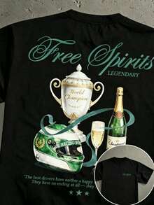 Vintage American Racing Champion Trophy Print Short-Sleeve T-Shirt, Loose Fit, Casual Fashion For Dates And Meetings, Ideal Gift For Boyfriend - 黑色 - 查看 1