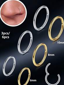6pcs/Set Dual-Use Nose Ring & Earring Set, Gold And Silver Dual-Color Combination, Stainless Steel Material, Size 6/8/10mm - Designed For Women, Versatile Fashion Jewelry Set For Casual Wear And Various Occasions - As Shown In the Figure - View 2