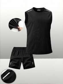 Men's Black Sports Casual Tank Top And Shorts 2 Pieces Set, Reflective Strip Design On Shoulders And Legs, Shorts With Zipper Large Pockets - Black - View 6