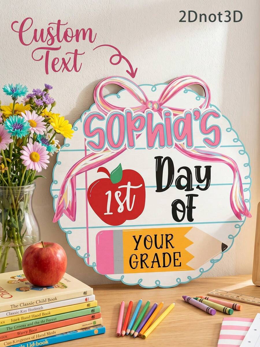 1pc Custom First Day Of School Wooden Sign,Custom Text,Personalized Scalloped Bow Apple Pencil Back To School Photo Prop Plaque,First Day Grade Keepsake Sign For First Day School Picture - Multicolor - View 1