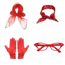 Set de 5 piezas de disfraz retro pop de los años 40-50, diadema con lunares rojos, gafas de ojo de gato, guantes de satén, atuendo estilo rock, adecuado para juego de roles de mujeres, fiesta de Halloween, fiesta temática de los años 40-50, mascarada, uso diario y reunión temática - Multicolor - Ver 6