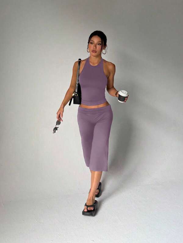 Women's Black Halter Neck Top And Capri Pants Set, Backless Slim Fit Top, High Waist Capri Casual Pants Sports