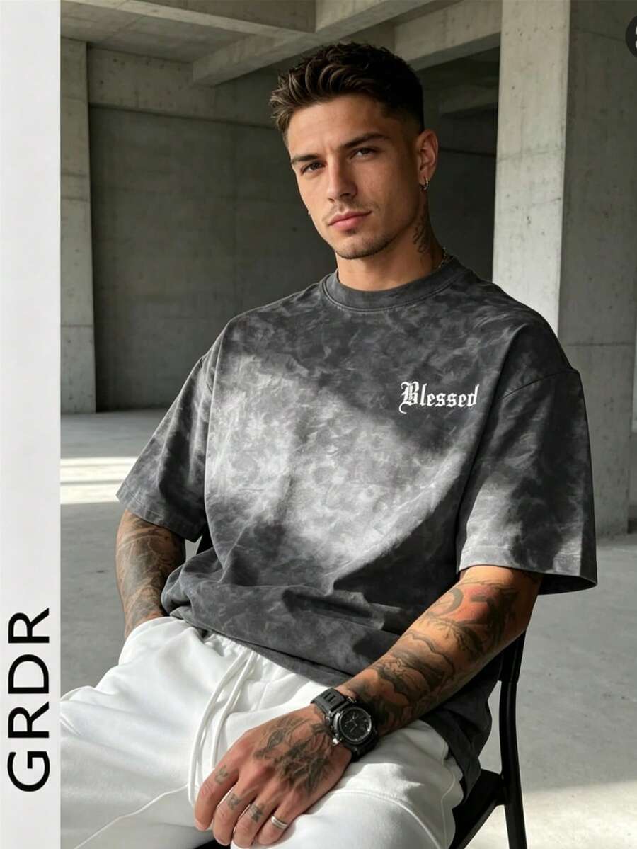 GRDR Men's Retro American Style Minimalist Letter Washed Round Neck Short Sleeve T-Shirt, Comfortable & Breathable For Summer - Dark Grey - View 1