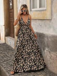 Vestido de mujer con cuello en V profundo, tirantes extra largos y estampado completo, ideal para vacaciones - Marrón - Ver 8