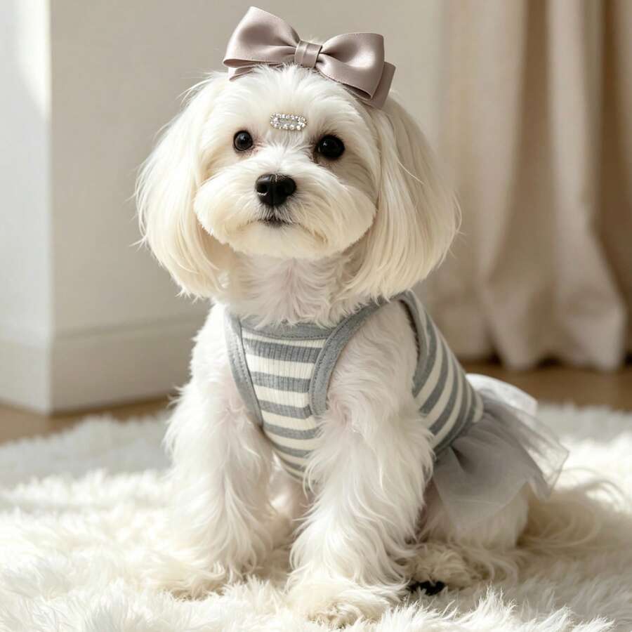 Gaun Putri Hewan Peliharaan Holdhoney Abu-abu & Putih Bergaris Jala, Gaun Tulle Bergaris Musim Panas untuk Anjing Maltese Teddy, Gaun Anjing Bernapas untuk Anjing Kecil hingga Sedang, Gaun Hewan Peliharaan Gaya INS Korea yang Lembut untuk Pemotretan - Light Grey - View 1